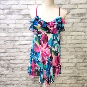 In bloom Purple Blue Floral Sheer Ruffle Nightgown